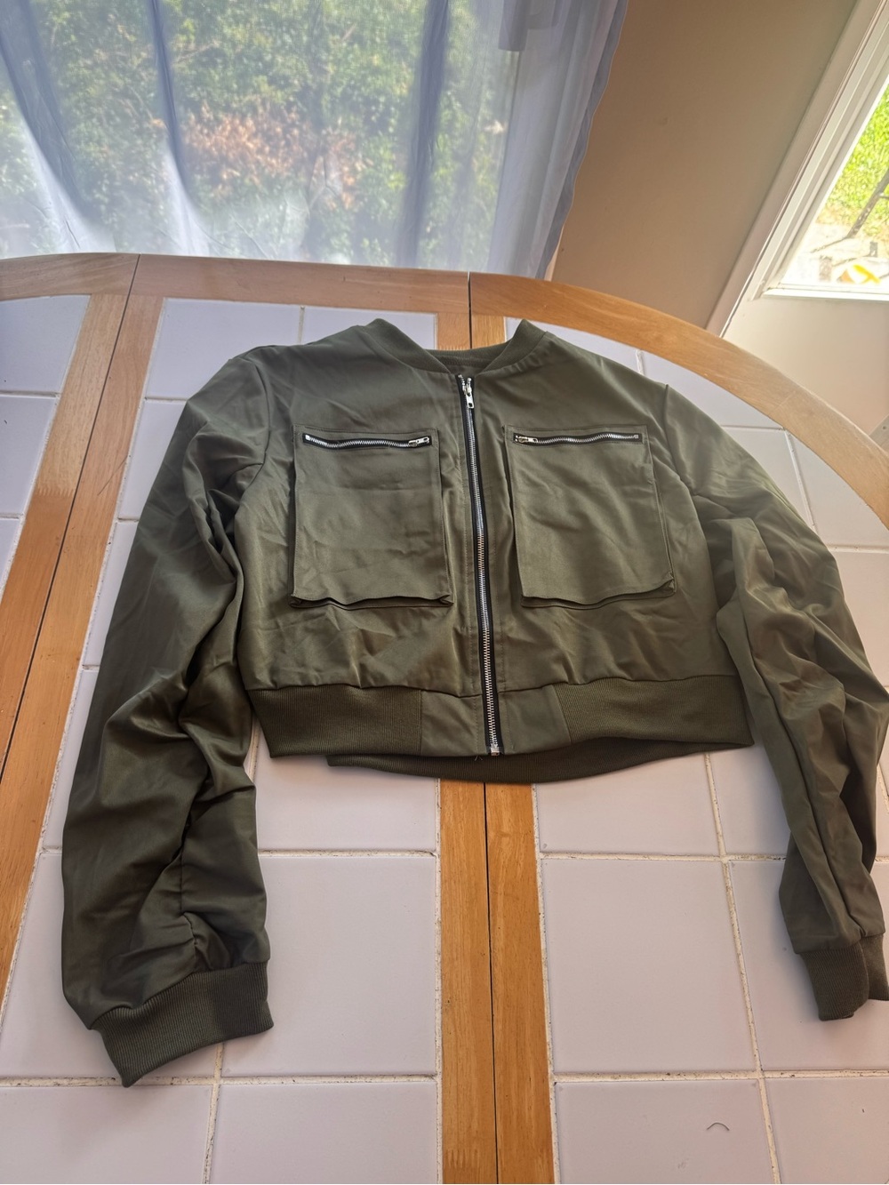 Cropped Olive Green Bomber Jacket with Front Patch Pockets